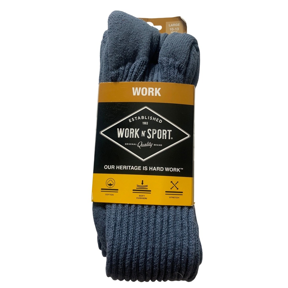 Work N Sport Men's 2 Pack Super Tough Crew Socks Grey Large Cotton